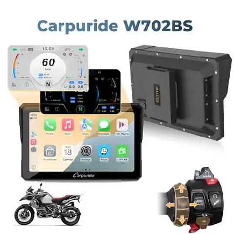 Pantalla Carpuride W702BS para motocicleta BMW con interfaz CarPlay, soporte trasero y control original del manillar