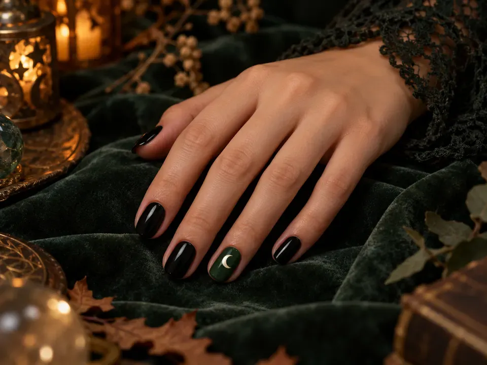 Manicura de inspiración negra con un acento verde y una pequeña luna clara.