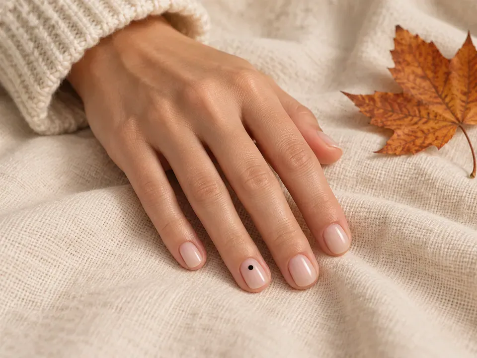 Uñas muy cortas de inspiración nude con un pequeño punto negro en una sola uña.