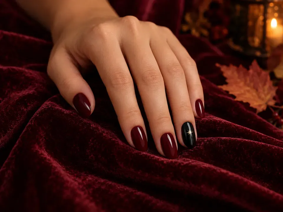 Uñas de inspiración burdeos con una uña negra de acento sobre tejido oscuro.