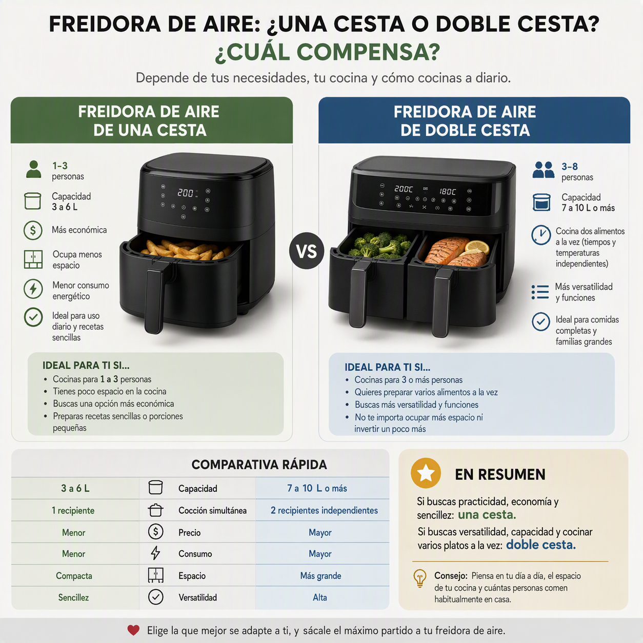 freidora de aire una cesta o doble cesta